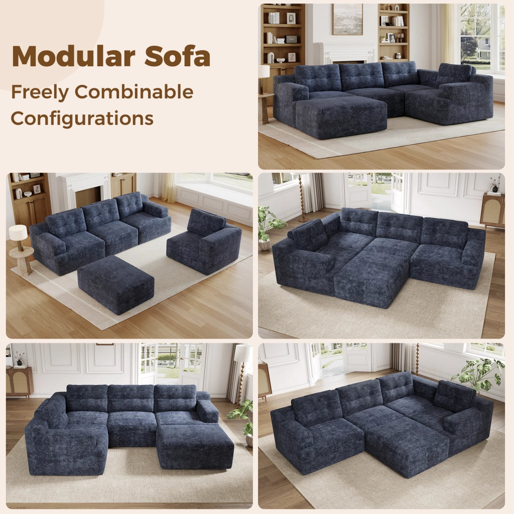 Divano modulare a U senza montaggio con schienale alto e cuscino, in ciniglia blu, 252 × 180 × 82 cm