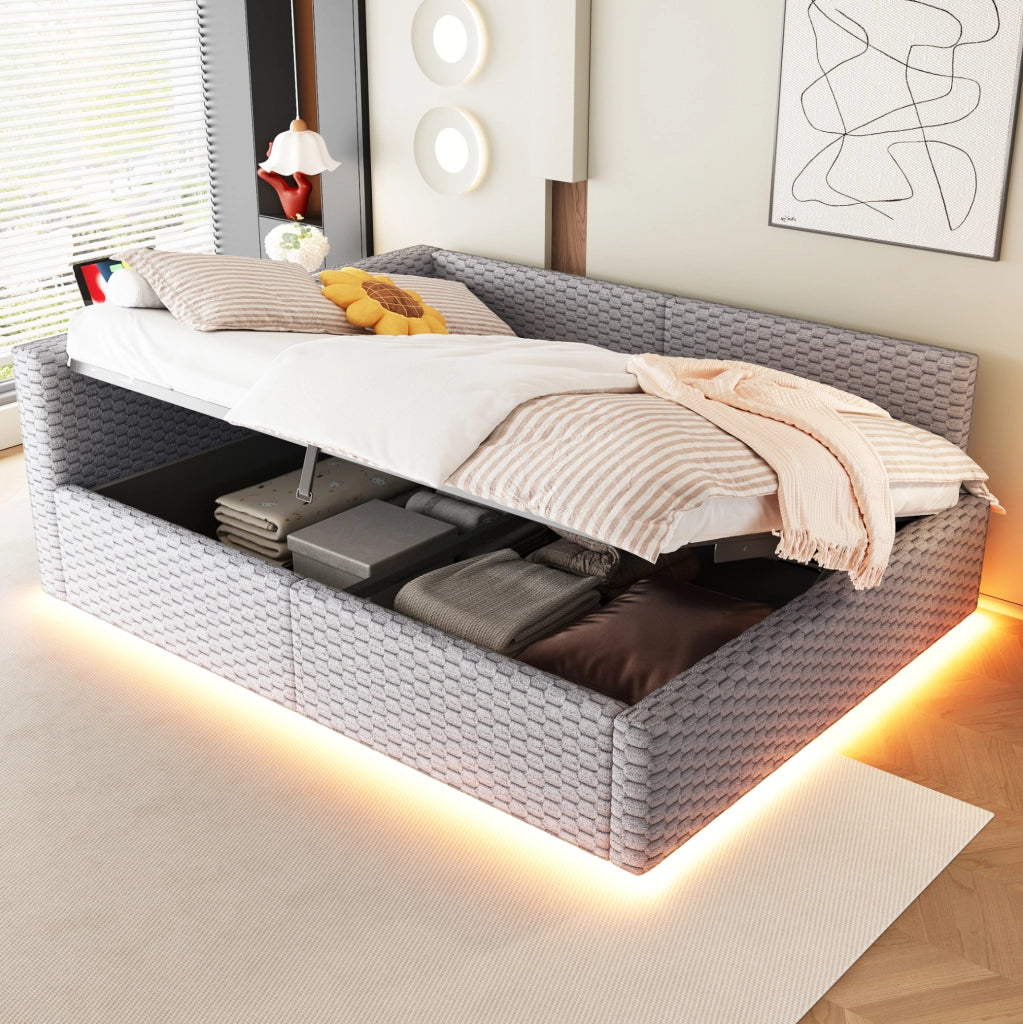 Letto imbottito 140x200 cm con LED, USB e contenitore
