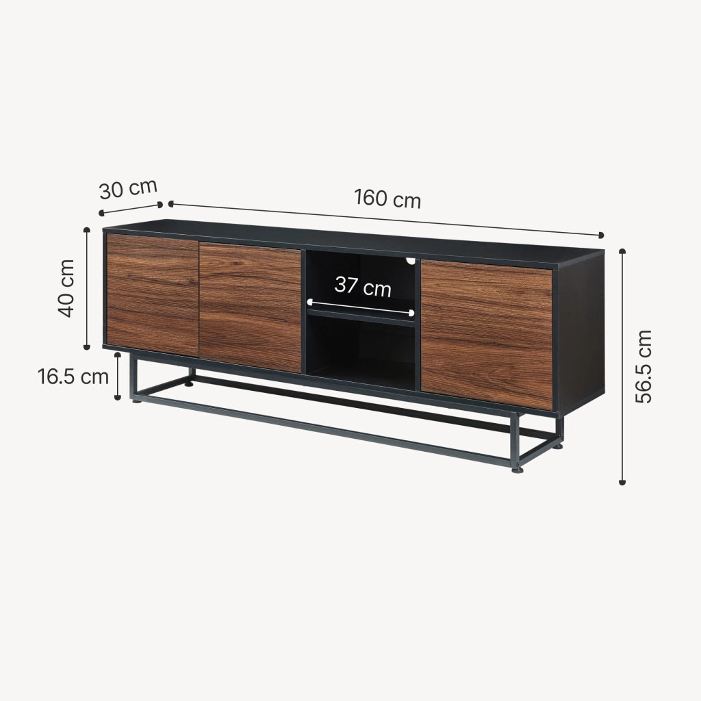 Armadietto Boxholm Credenza Bassa con 3 Ante Push-Open e 2 Vani Aperti 160x30x57 cm Nero / Effetto Noce [en.casa]