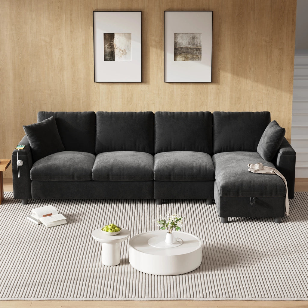 Divano letto angolare con contenitore e tavolino ribaltabile - in chenille - grigio