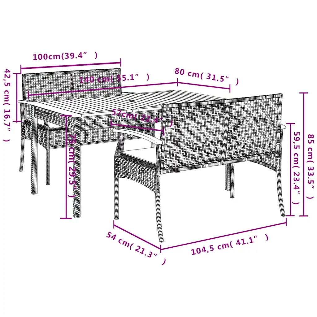 Set da Pranzo da Giardino 3 pz con Cuscini Beige in Polyrattan