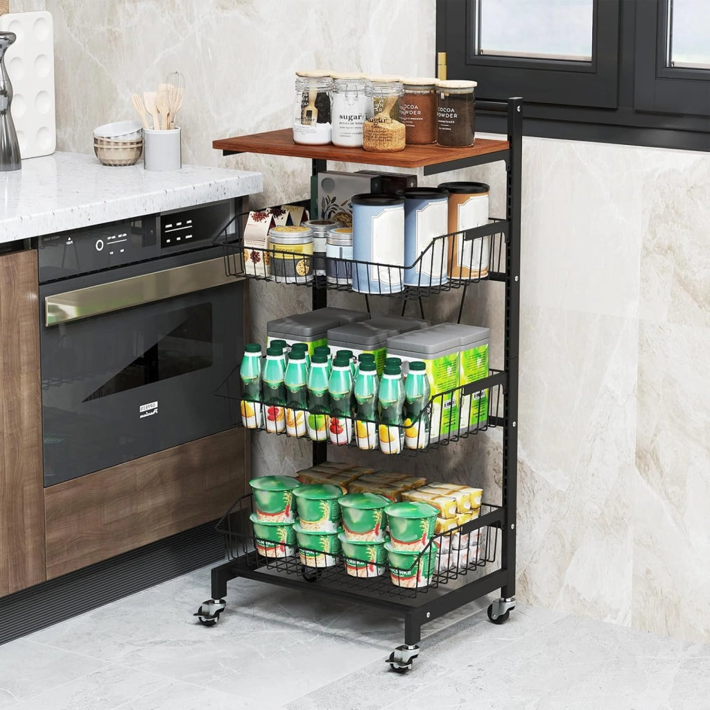 Carrello da Cucina con Ruote, Cestini Portaoggetti per Frutta e Verdura con Cestini Regolabili in Altezza e Rimovibili, Carrello Portafrutta a 4 Piani, Piano in Legno, 40x31x88 cm