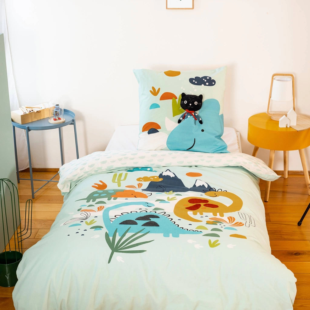 Set biancheria da letto in cotone reversibile stampata con dinosauri