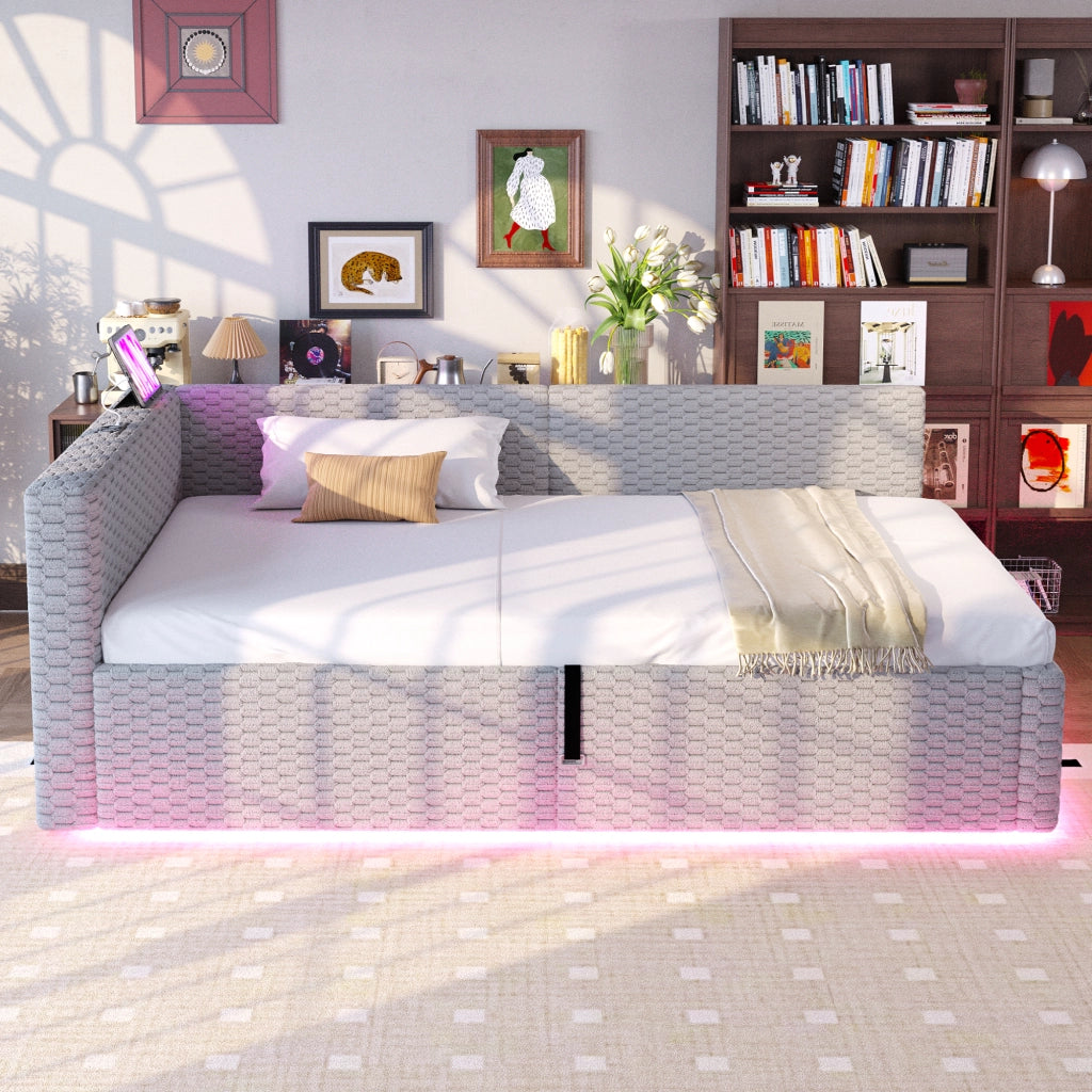 Letto imbottito singolo 90×200 cm con contenitore; LED; USB e Type-C; senza materasso; velluto grigio