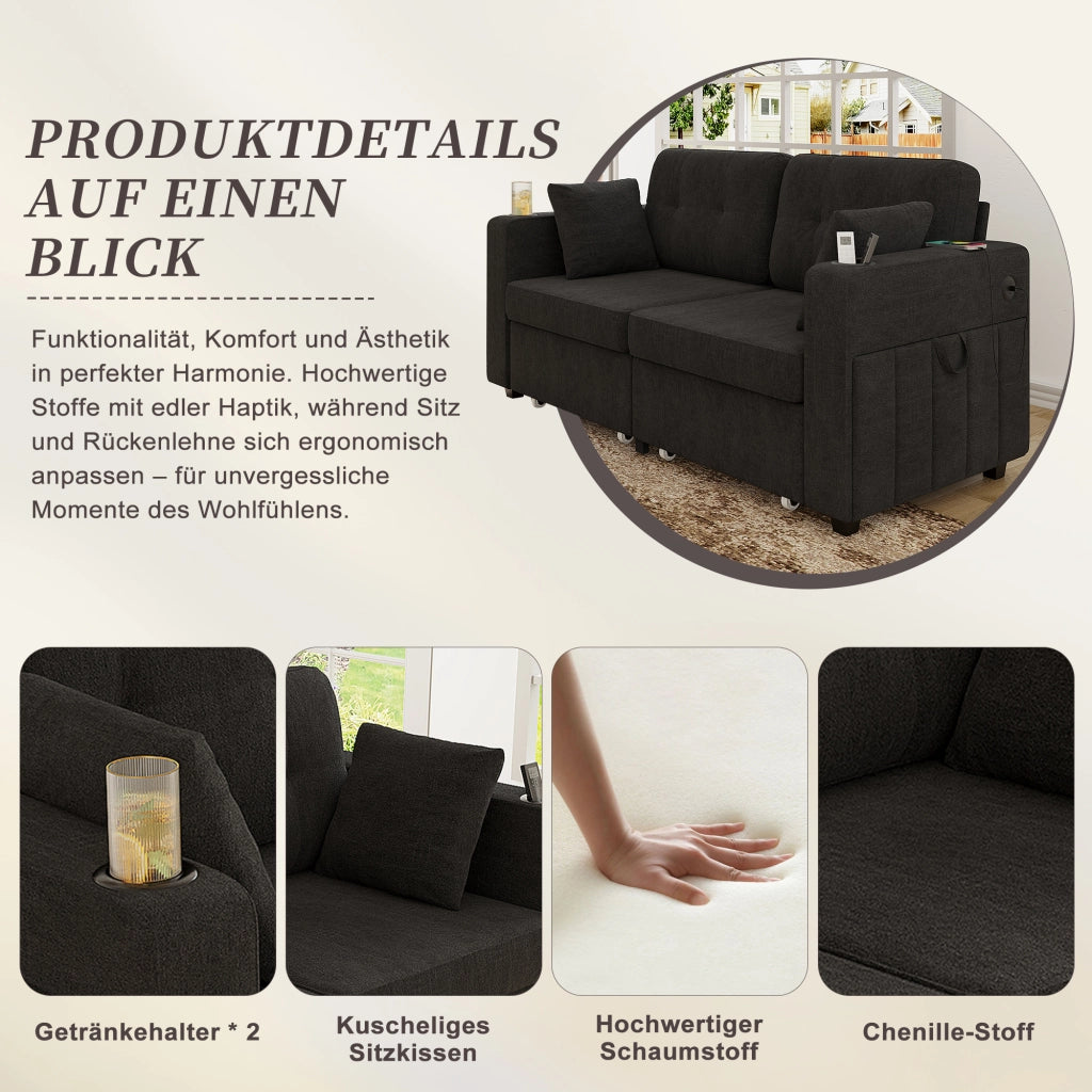 Divano a 2 posti con cassetti contenitore, portabicchieri e tasche laterali in ciniglia nera 172 × 75 × 82 cm