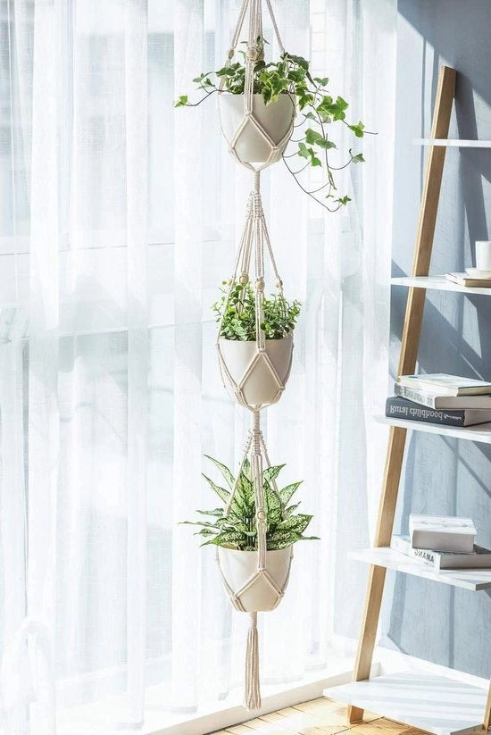 Sostegno per piante a 3 strati, sospeso supporto per piante decorativo, corda di cotone artigianale, contenitore per fiori per arredo interno ed esterno.