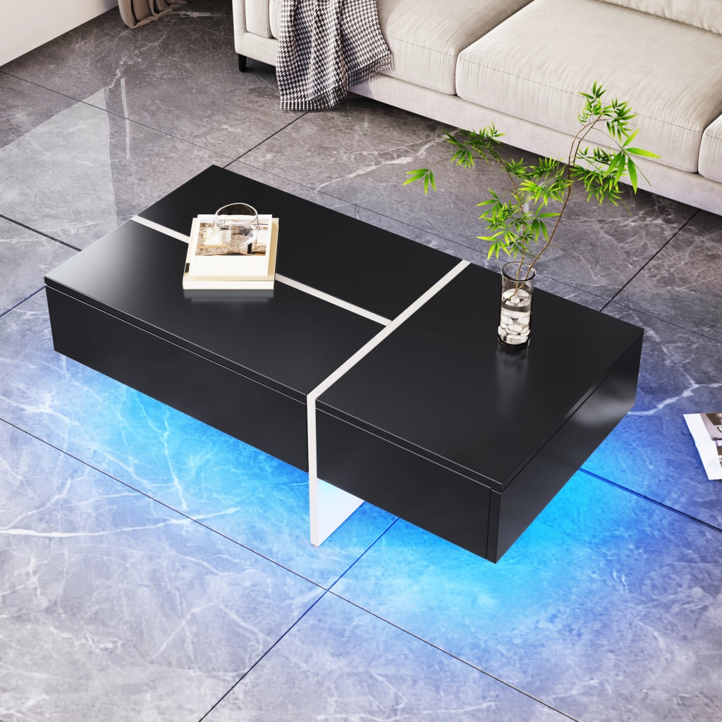 Tavolino da caff¨¨ lucido nero con LED controllato da app e 3 cassetti