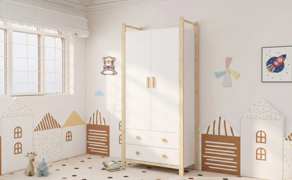 ARMADIO 2 ante con asta appendiabiti e 2 cassetti 90x45x180 cm bianco/pino