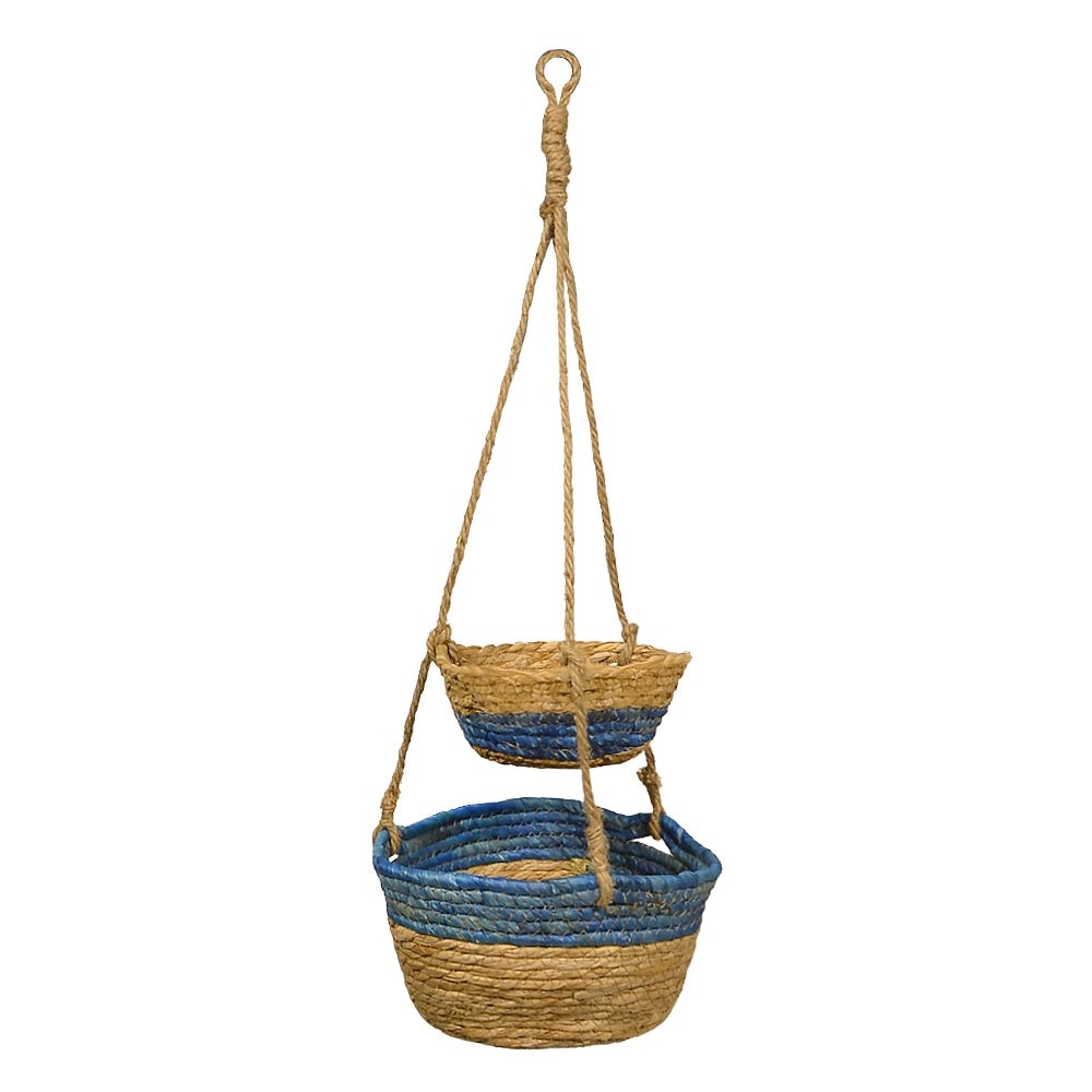 Caspo Pensili Doppi in Corda di Cotone Blu Porta Piante Sospeso h72 cm