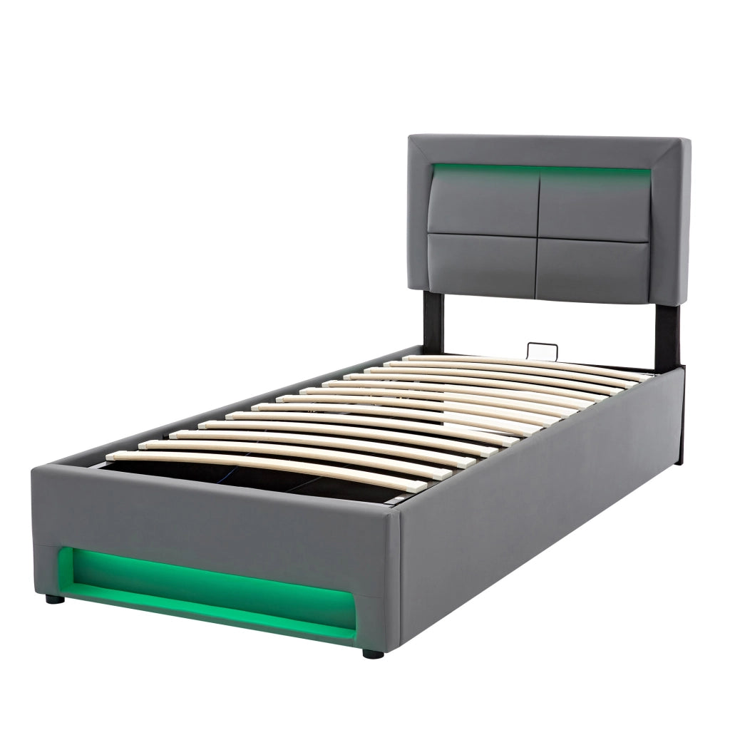 OKWISH Letto Singolo 90×200 cm con Porte USB, Ricarica Wireless, LED Regolabile e Contenitore, senza Materasso, in PU, Grigio