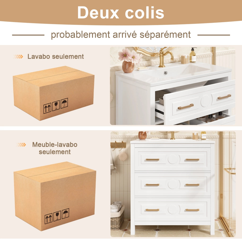 Mobile sottolavabo con lavabo in ceramica, 3 cassetti silenziosi, MDF bianco 76,5 × 47 × 82 cm