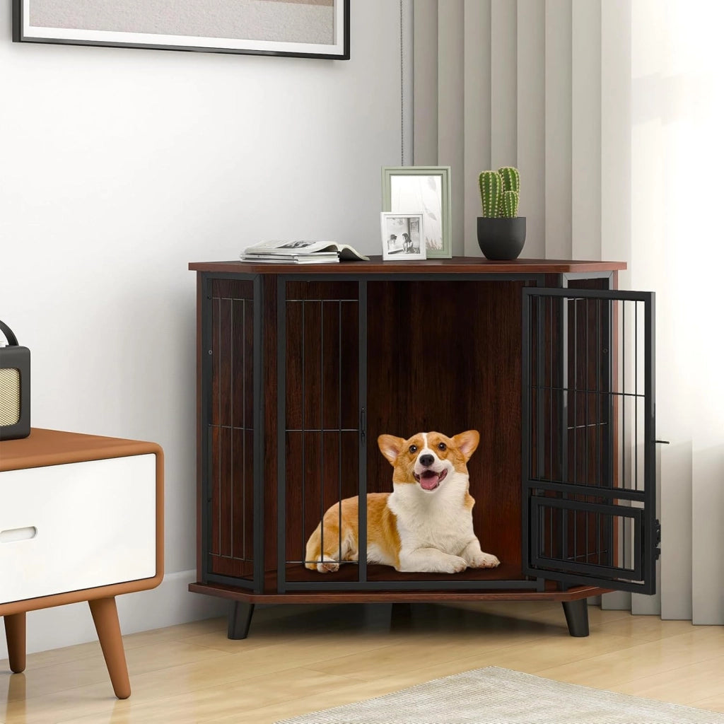 Cuccia per Cani Angolare, Gabbia Salvaspazio con Porta di Alimentazione, 3 Gambe in Legno di Gomma, Porta Serrabile e Ampio Piano di Lavoro, Tavolino Laterale per Cani Piccoli, Medi e Grandi