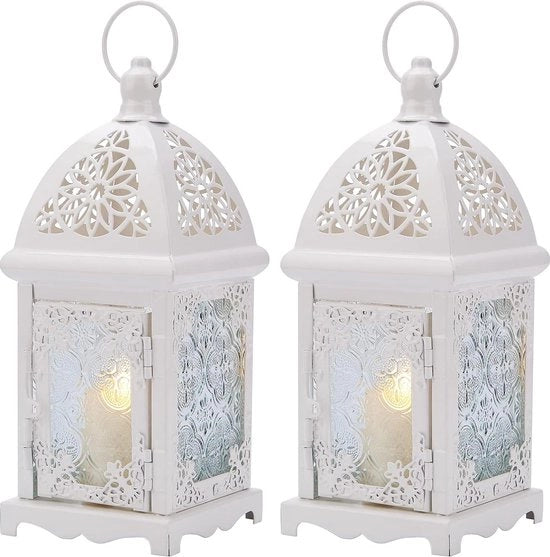 Lanterna da parete a candelabro - decorativa luce da parete metallica bianca - 2 pezzi con vetro trasparente