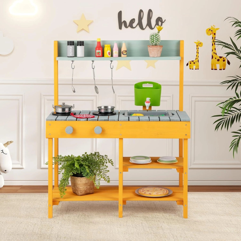 Cucina Giocattolo per Giardino in Legno di Abete, Cucina per Bambini con Serbatoio dell'Acqua e Lavello Rimovibili, 3 Ripiani Aperti, Funzione Suoni, per Bambini 3+ Anni (Arancione e Azzurro)