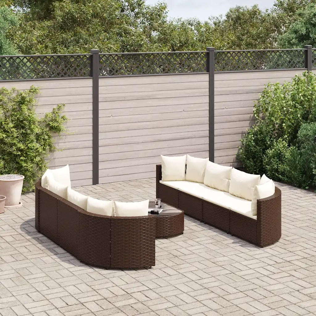 Set Divani da Giardino 9pz con Cuscini Marrone in Polyrattan
