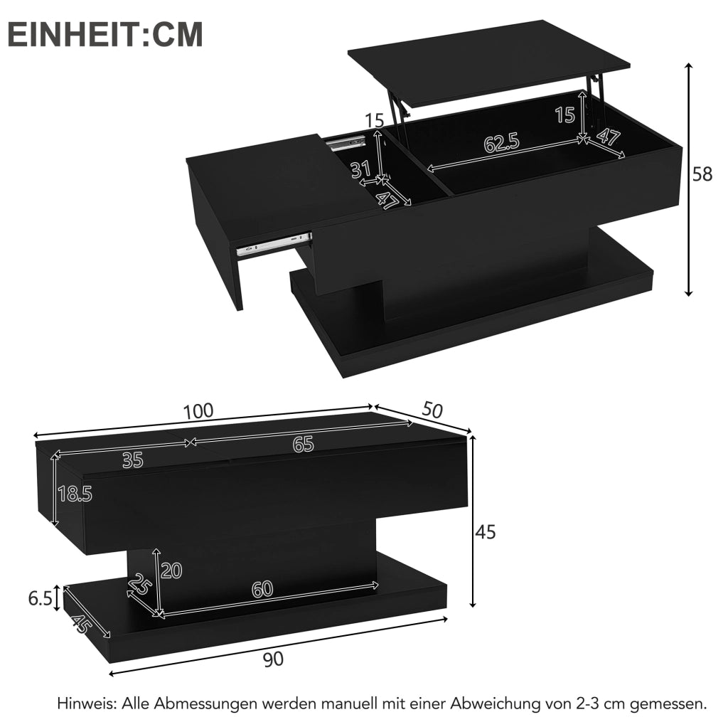 Tavolino da caffè con piano sollevabile idraulico e scorrevole; LED; 100x50x45 cm; nero