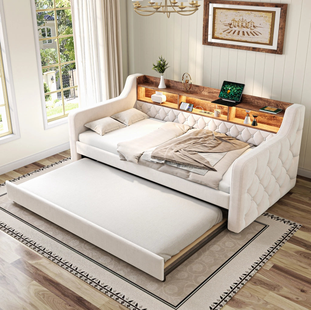 Letto estraibile 90x190 cm con contenitore; LED e USB-C in velluto beige