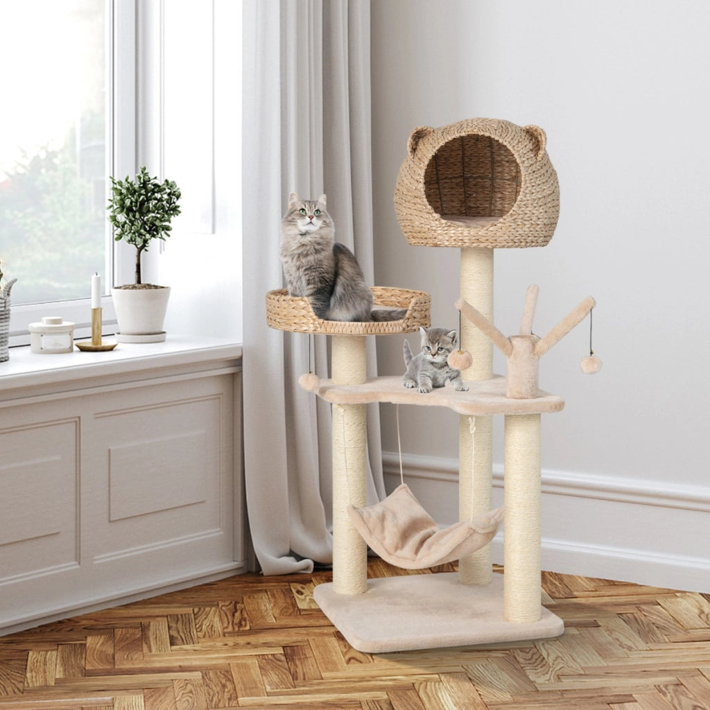 Torre per gatti alta 121cm con casetta in pelo grande letto amaca, Centro di attivit¨¤ per gattini Naturale-Alberi Tiragraffi
