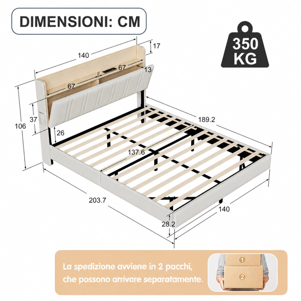 Letto matrimoniale 140x190 cm in pelle PU bianca, testiera con vano portaoggetti, stazione di ricarica, luci RGB a LED, struttura robusta portata 350kg