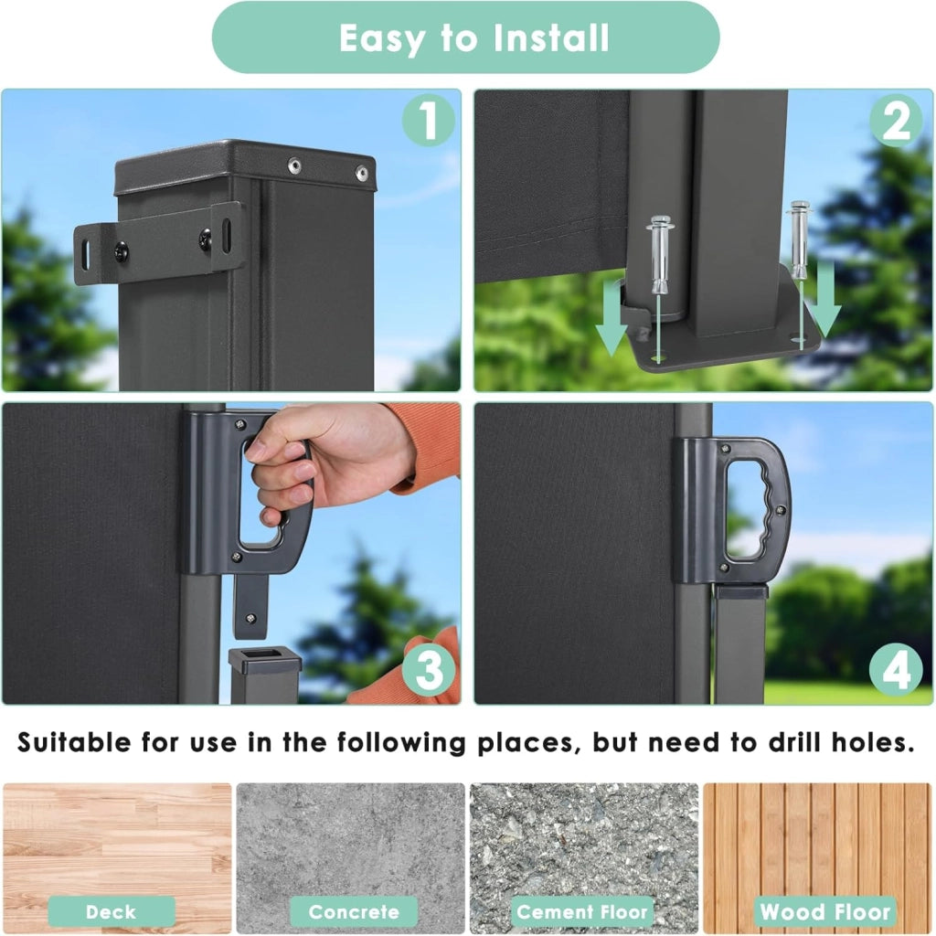 Tenda da Sole Laterale 180 x 400 cm (H x L),Tendone Laterale Estensibile,Tenda Sole Allungabile,Tenda Laterale Avvolgibile,Impermeabile,Protezione Solare,Rivestimento in PU,per Balcone,Terrazzo,Grigio