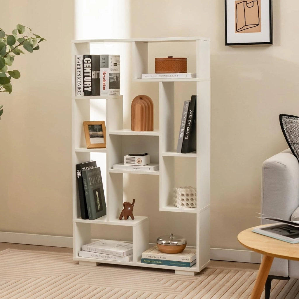 Libreria da 119 cm, moderna libreria geometrica in legno con ripiani aperti, kit anti-ribaltamento, scaffale per libri in legno, organizer a cubo aperto, espositore per soggiorno