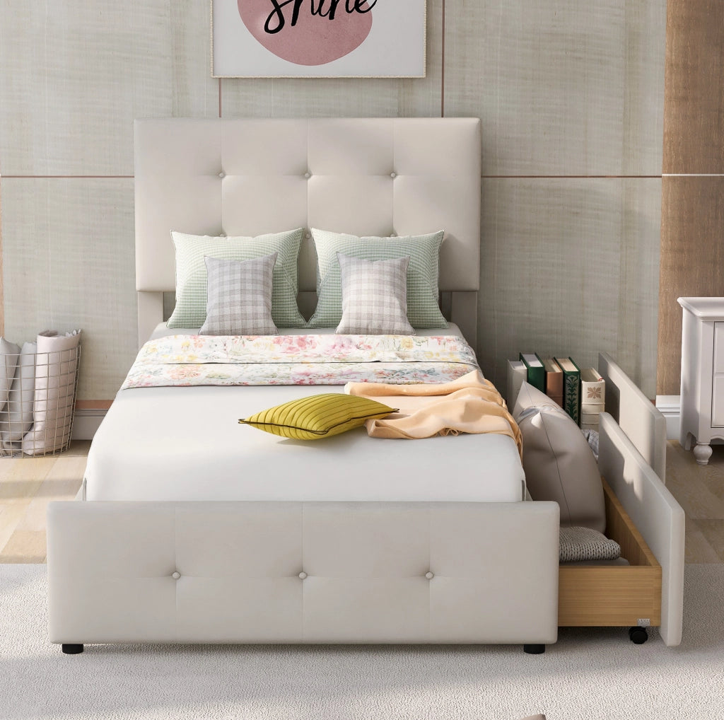Letto imbottito 90x200 cm con cassetto; velluto beige (Senza materasso)