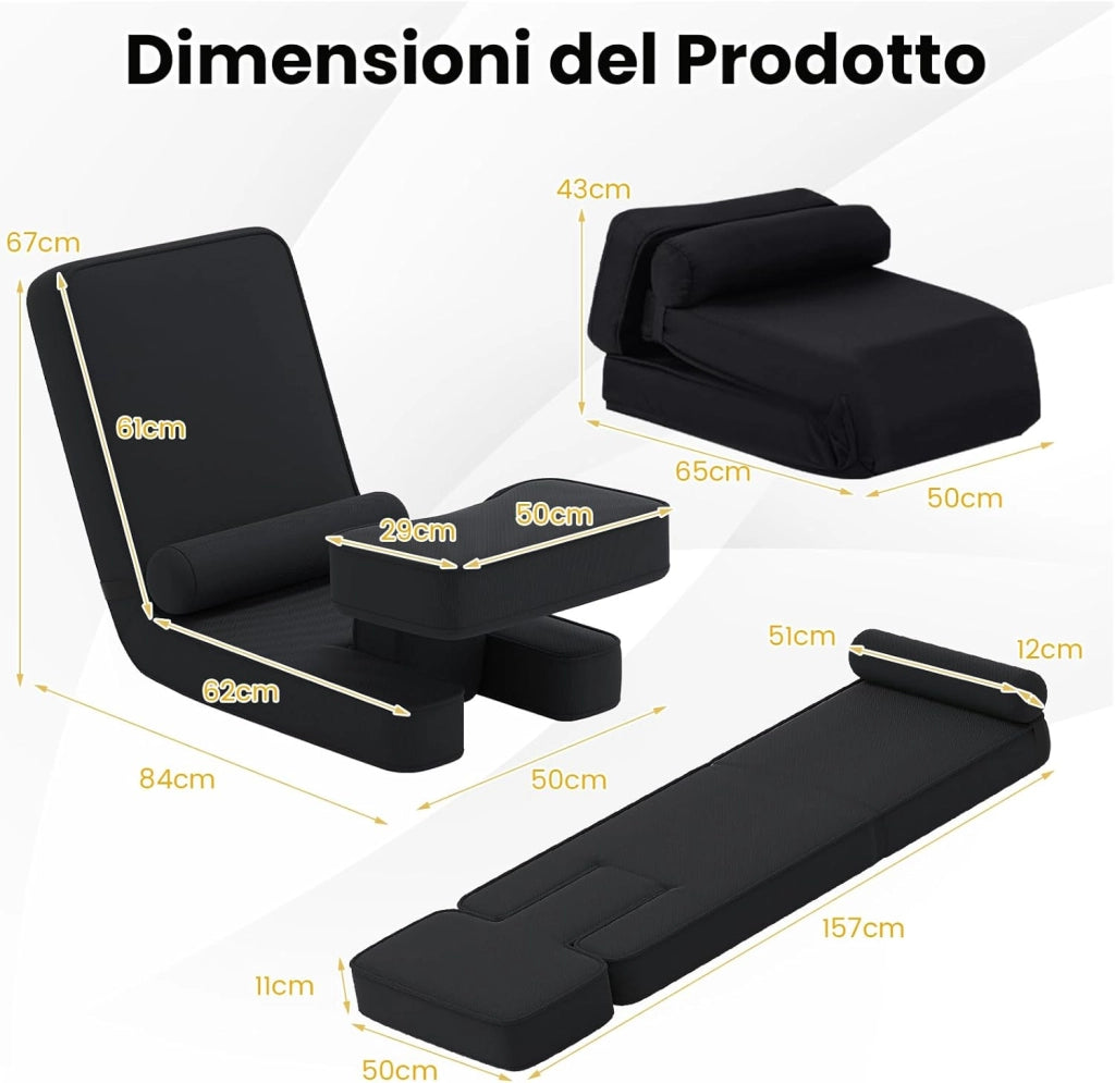 Sedia da Terra Pieghevole, Poltrona Relax Imbottita con Schienale e Poggiapiedi Regolabili, Sedia da Pavimento con Tavolino e Cuscino, per Soggiorno e Camera da Letto