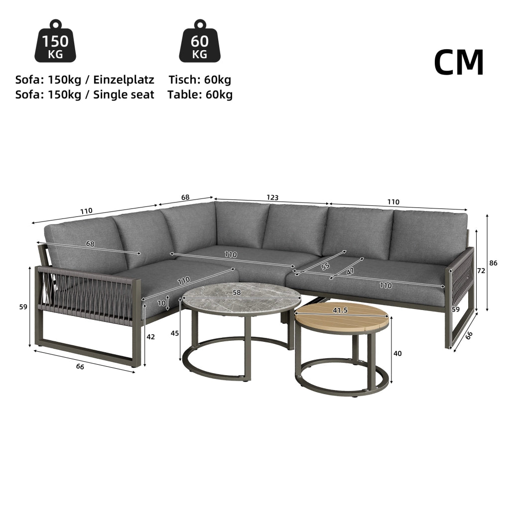Set salotto da giardino ad angolo con 2 tavolini; grigio