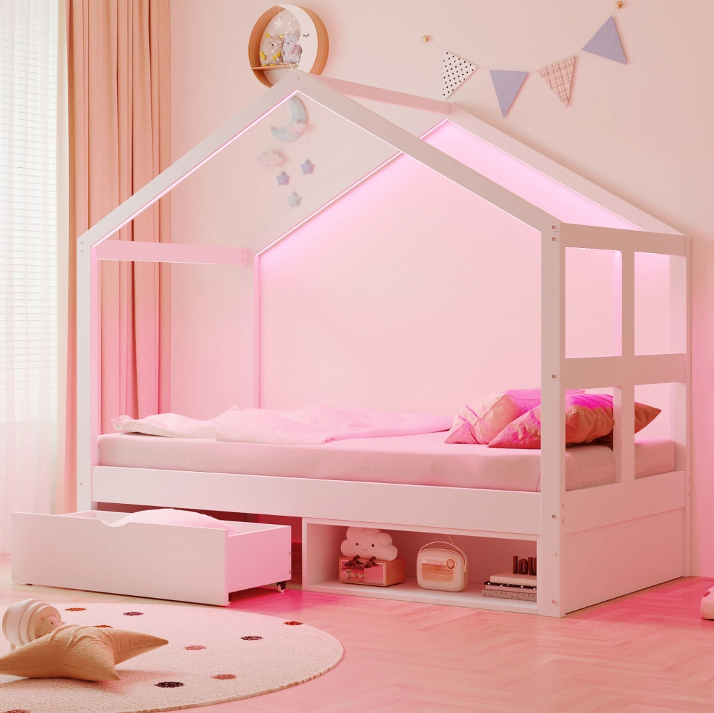Letto singolo multifunzionale con cassetto, scarpiera e illuminazione LED