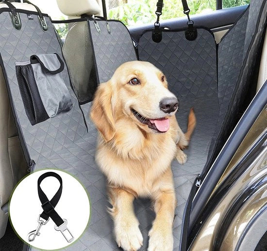 Deen per auto per sedile posteriore, copertura bagagliaio, protezione bagagliaio per cani, copertura per protezione sedile posteriore o bagagliaio, con cintura di sicurezza, resistente ai morsi, impermeabile, lavabile, protezione laterale/Grigio