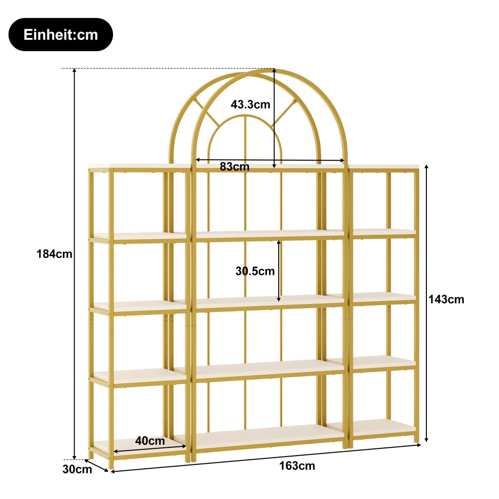 Scaffale modulare 3 pezzi 163×30×184 cm, struttura in metallo oro e MDF bianco, design ad arco