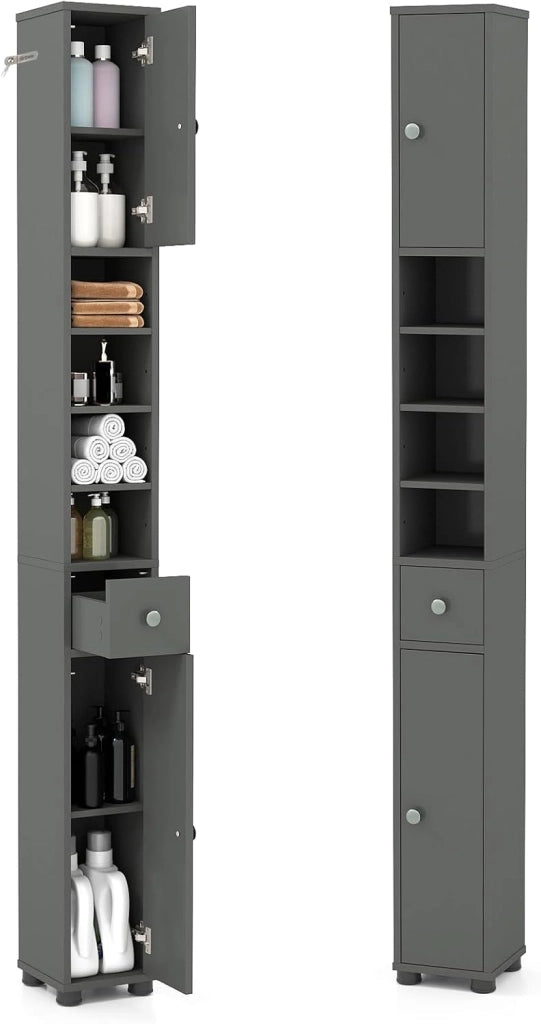 Armadietto da bagno con illuminazione, 20 x 20 x 181 cm, armadio da bagno sottile con cassetto, 2 ante e 4 ripiani aperti, armadio alto per bagno e soggiorno (2,4 ripiani + illuminazione)