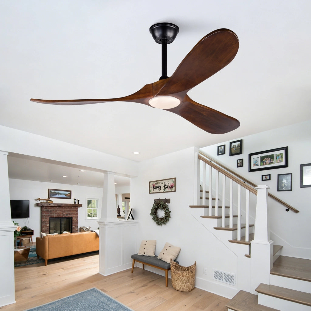 Ventilatore da soffitto 52 pollici con luce, 3 pale legno massello, 3CCT, motore DC silenzioso reversibile, telecomando, moderno