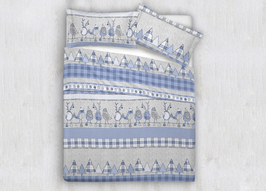 Copripiumino Sacco Piumone 100% Cotone Disegni Natalizi Invernali Renne Cuori OB - Singolo - Oliver Azzurro