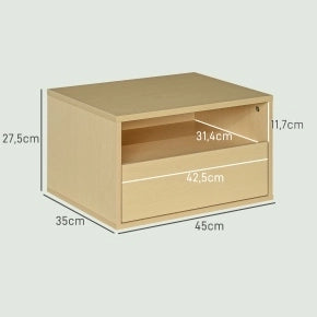 Comodino sospeso 45x35x27.5 cm con cassetto e ripiano aperto in legno naturale