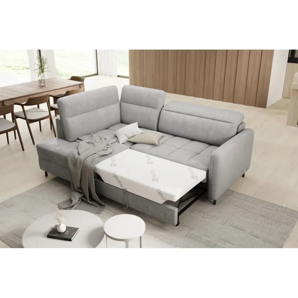 Divano letto angolare sinistro BARNEA 208 cm grigio chiaro con contenitore