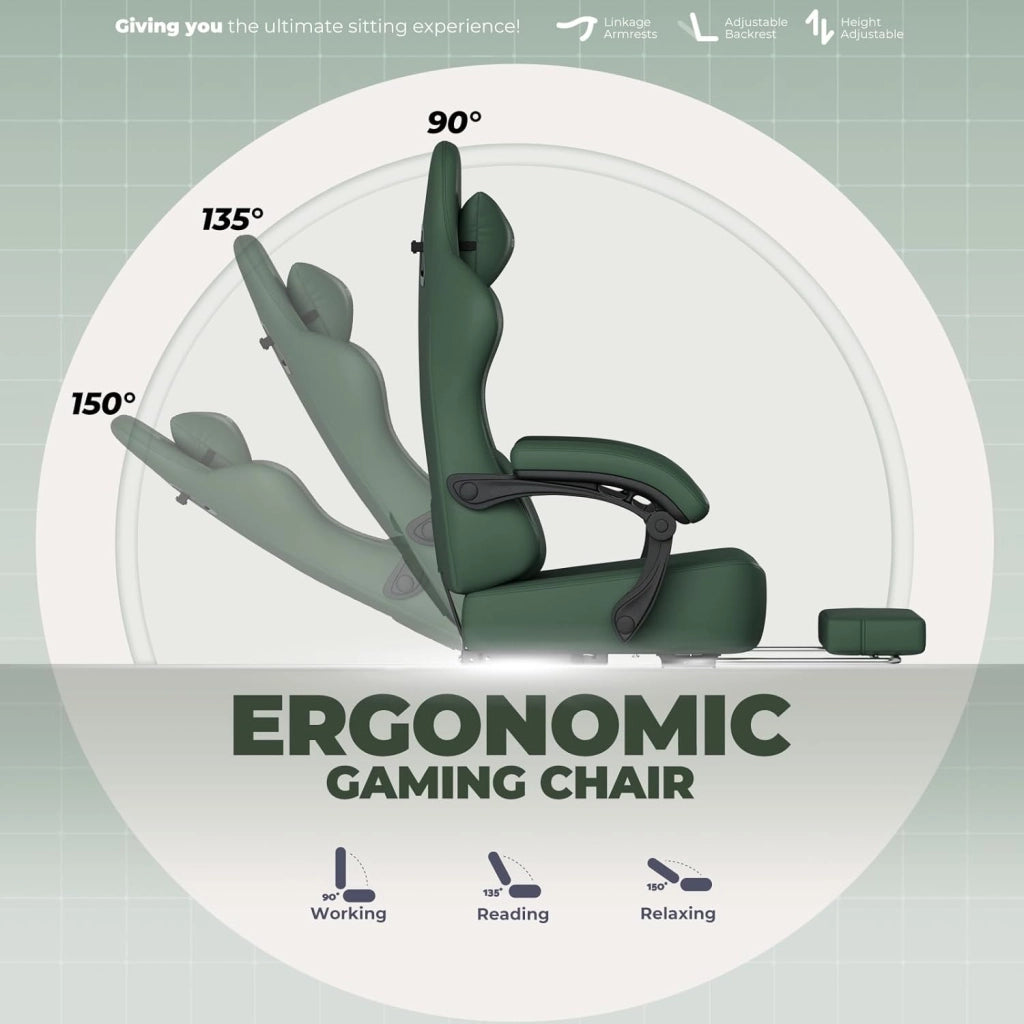 Sedia da gioco, traspirante, sedia da ufficio, ergonomica, in tessuto di alta qualità, ergonomica, schienale regolabile a 160°, poggiapiedi estraibile,carico 180 kg,verde