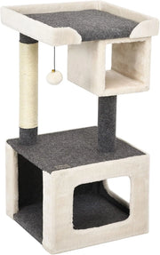 Tiragraffi per Gatti Piccoli con Cuccia, Piattaforme, Pallina e Sisal, Albero in Legno da Divano, Salotto e Camera da Letto, 42 x 42 x 80 cm