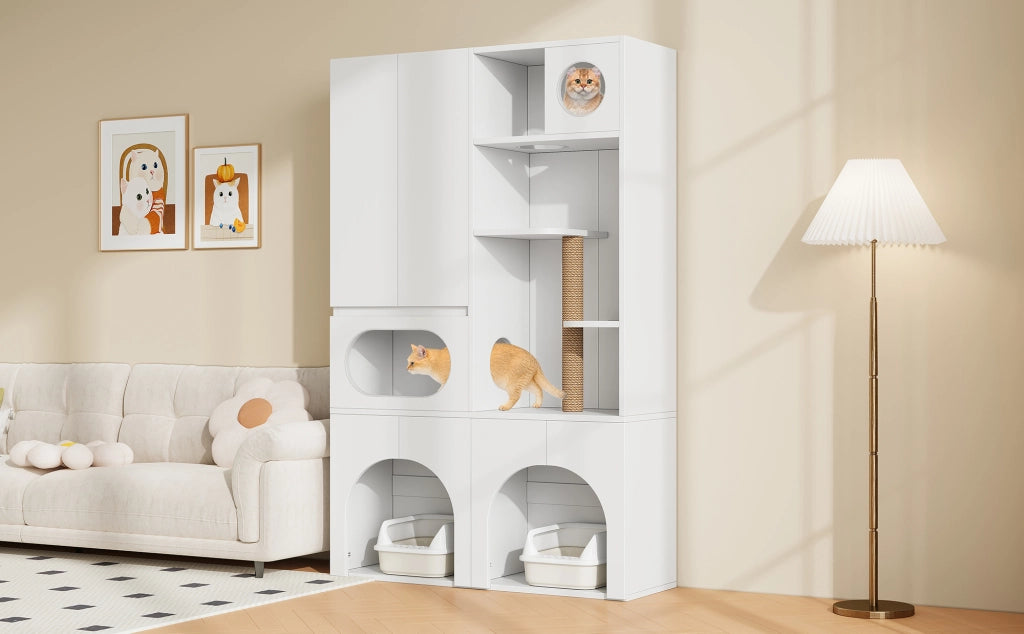 Mobile coperto per lettiera per gatti con tiragraffi e ripiani, per gatti e cani, in MDF, bianco, 140 × 45 × 195 cm