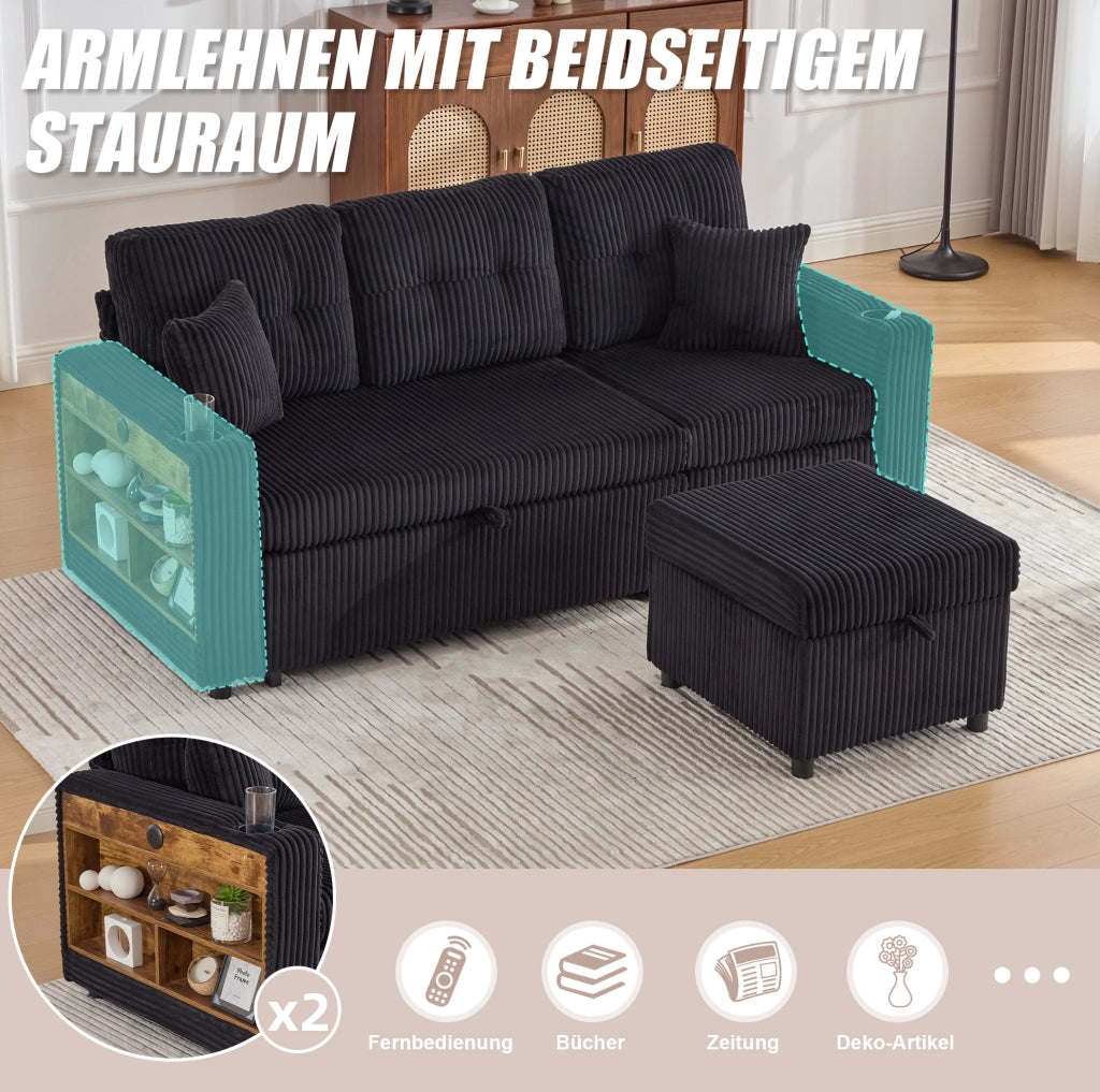 Divano letto estraibile con contenitore; USB-C e LED in velluto a coste nero; 196x82x85 cm