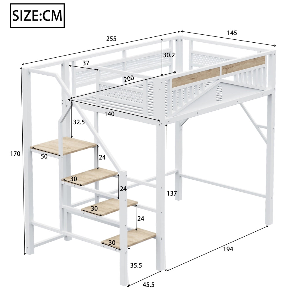 Letto a soppalco 140x200 cm con scala di sicurezza e spazio sotto il letto in metallo e legno bianco