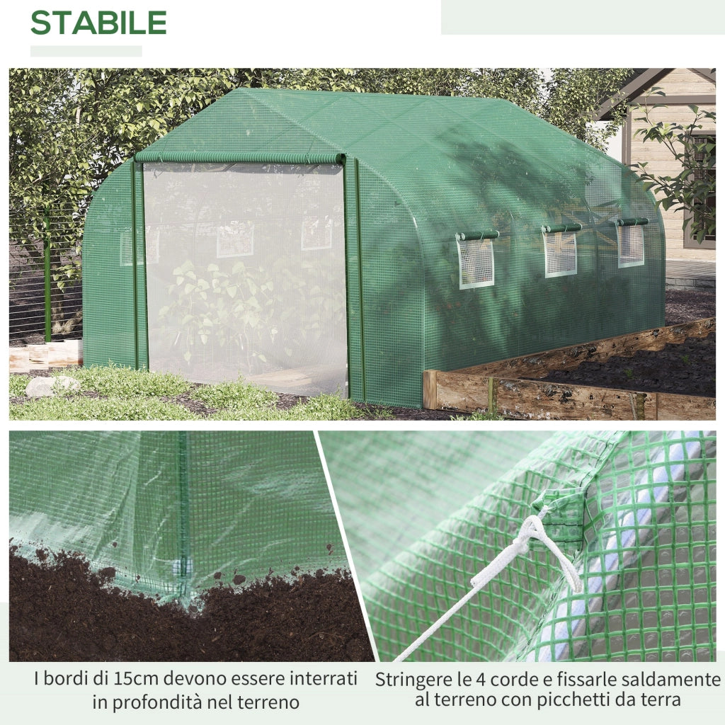 EasyComfort Serra a Tunnel con Copertura PE e Struttura in Acciaio, Porta Avvolgibile e 6 Finestre, 3.5x3x2m, Verde
