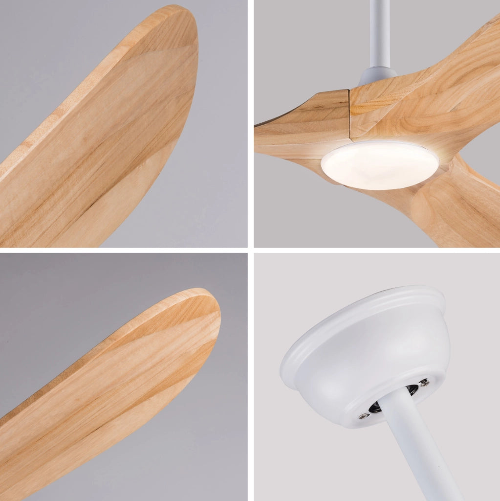 Ventilatore da soffitto 52 pollici con luce LED; 3 pale in legno massello; bianco e naturale