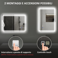 Specchio Bagno da Parete LED Antiappannamento 50x70 cm Speaker Bluetooth e Pulsanti Touch in Vetro Temperato