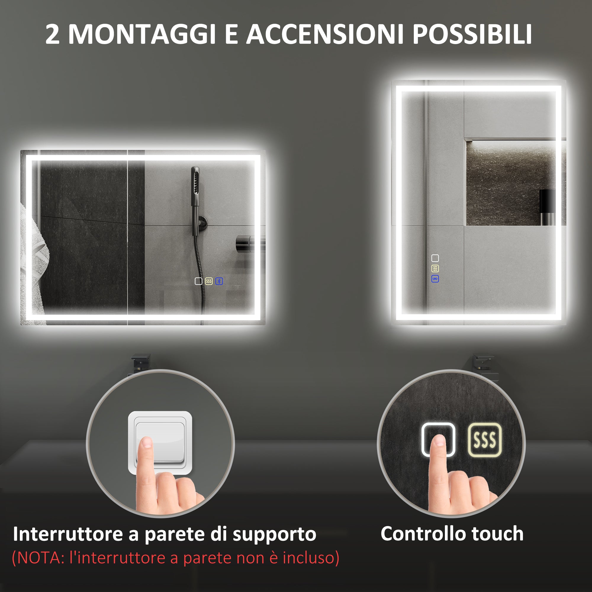 Specchio Bagno da Parete LED Antiappannamento 50x70 cm Speaker Bluetooth e Pulsanti Touch in Vetro Temperato