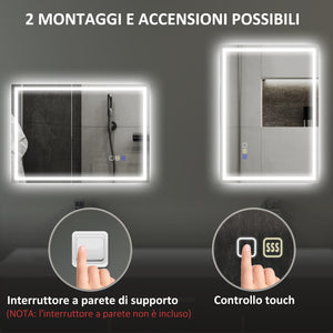 Specchio Bagno da Parete LED Antiappannamento 50x70 cm Speaker Bluetooth e Pulsanti Touch in Vetro Temperato