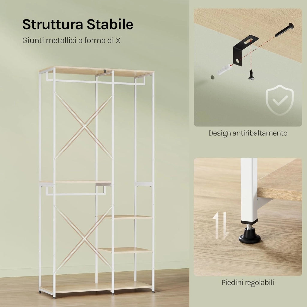Porta Abiti in MDF e Acciaio, Appendiabiti con Scaffali, Attaccapanni Moderno, Guardaroba Armadio Bianco 90x40x204,5 cm