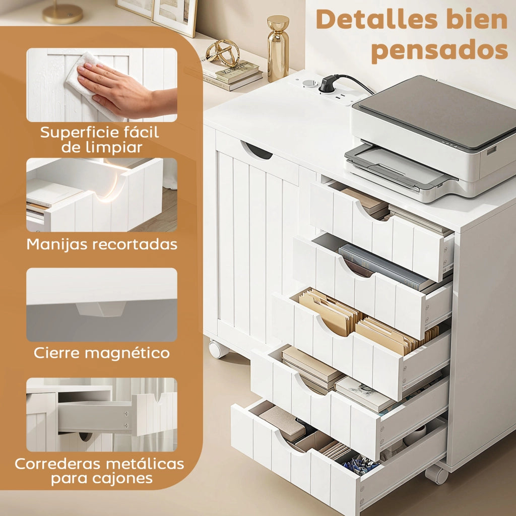 Scrivania Computer con Cassettiera Mobile ¨C Xylo ¨C 5 Cassetti Porta USB Ripiano Regolabile Ruote Bianco