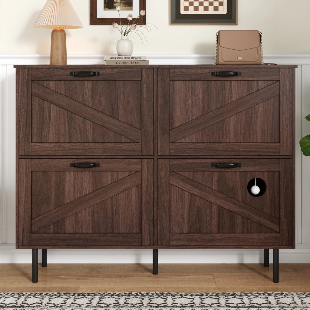 Scarpiera con 4 Ante di cui 3 a Ribalta; Gioco per Gatto Integrato; Stile Naturale; in Pannello Truciolare; Noce; 120×28×92 cm
