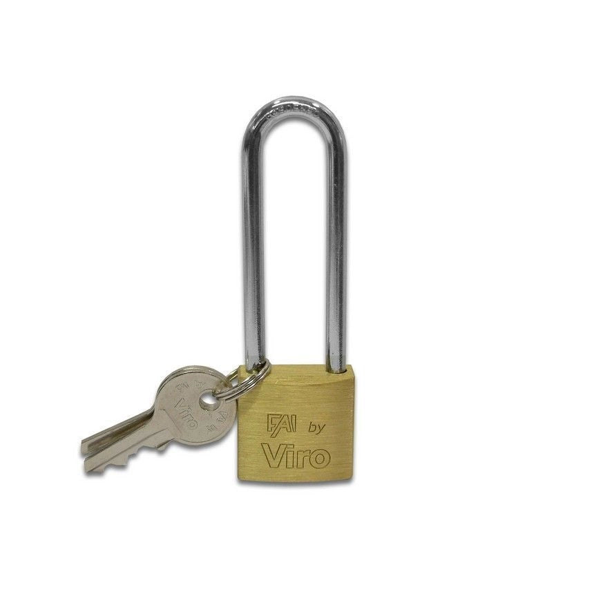 Viro 555 Lucchetto in Ottone Massiccio Satinato Arco Lungo 50mm Acciaio Temprato 90mm Chiusura a Scatto 2 Chiavi